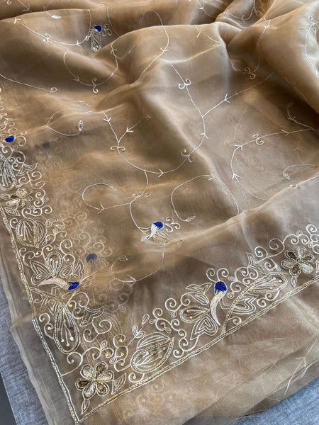 Premium Tissue Organza Saree With Peacock Embroidery And Elegant Floral Border Design