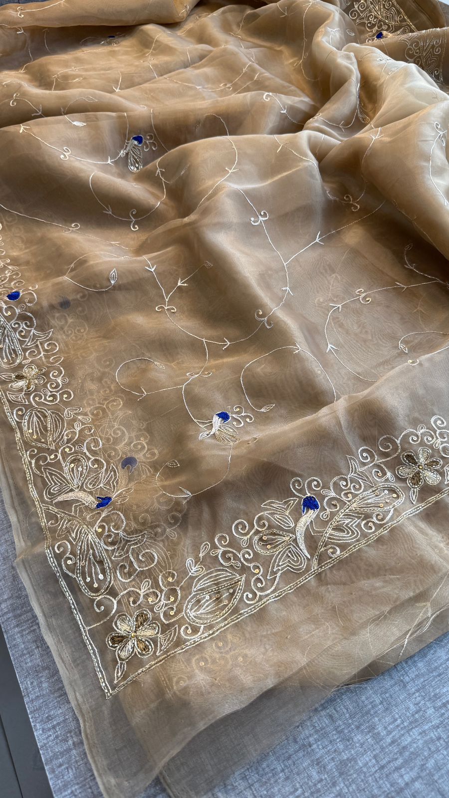 Premium Tissue Organza Saree With Peacock Embroidery And Elegant Floral Border Design