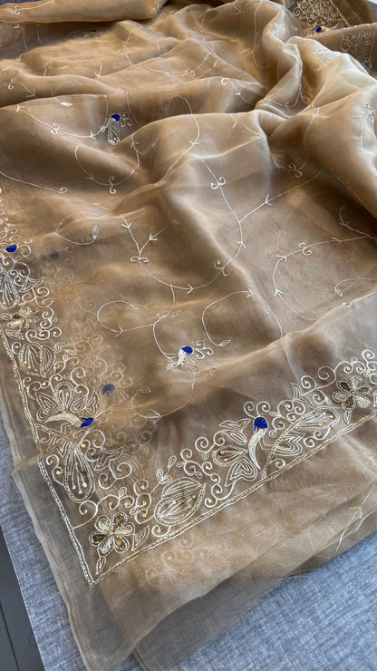 Peacock Resham Embroidery On Tissue Organza Silk · 40 Artisan Hours of work · The Noor Edit