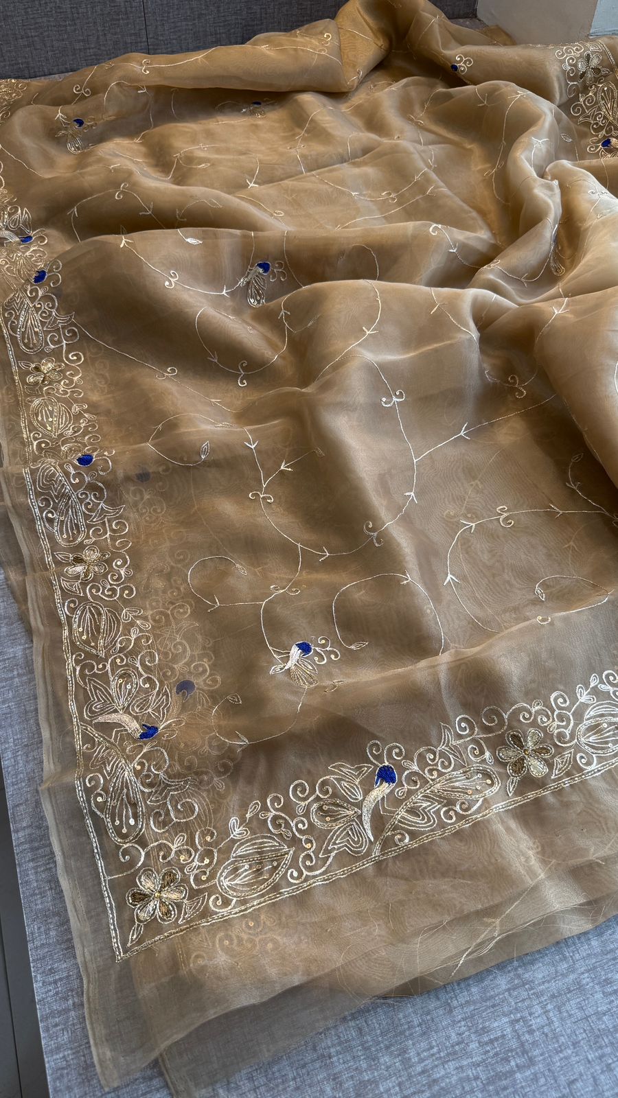 Peacock Resham Embroidery On Tissue Organza Silk · 40 Artisan Hours of work · The Noor Edit