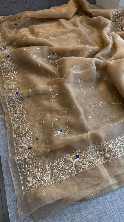 Peacock Resham Embroidery On Tissue Organza Silk · 40 Artisan Hours of work · The Noor Edit