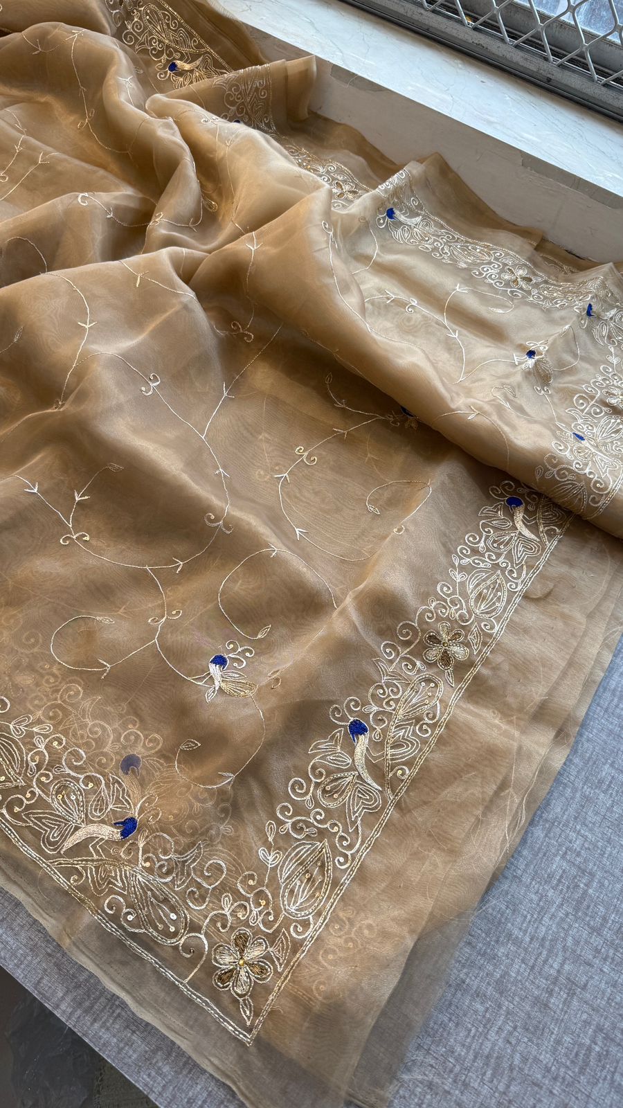 Peacock Resham Embroidery On Tissue Organza Silk · 40 Artisan Hours of work · The Noor Edit