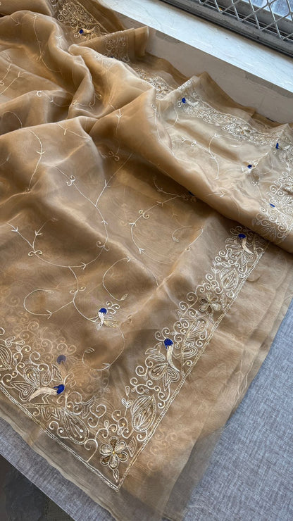Peacock Resham Embroidery On Tissue Organza Silk · 40 Artisan Hours of work · The Noor Edit