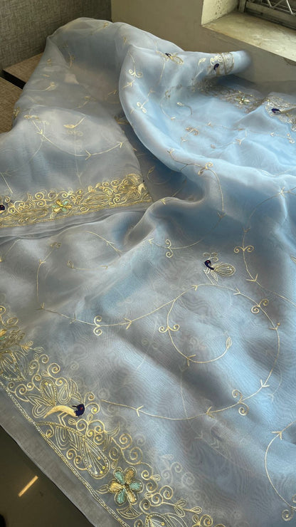 Peacock Resham Embroidery On Tissue Organza Silk · 40 Artisan Hours of work · The Noor Edit