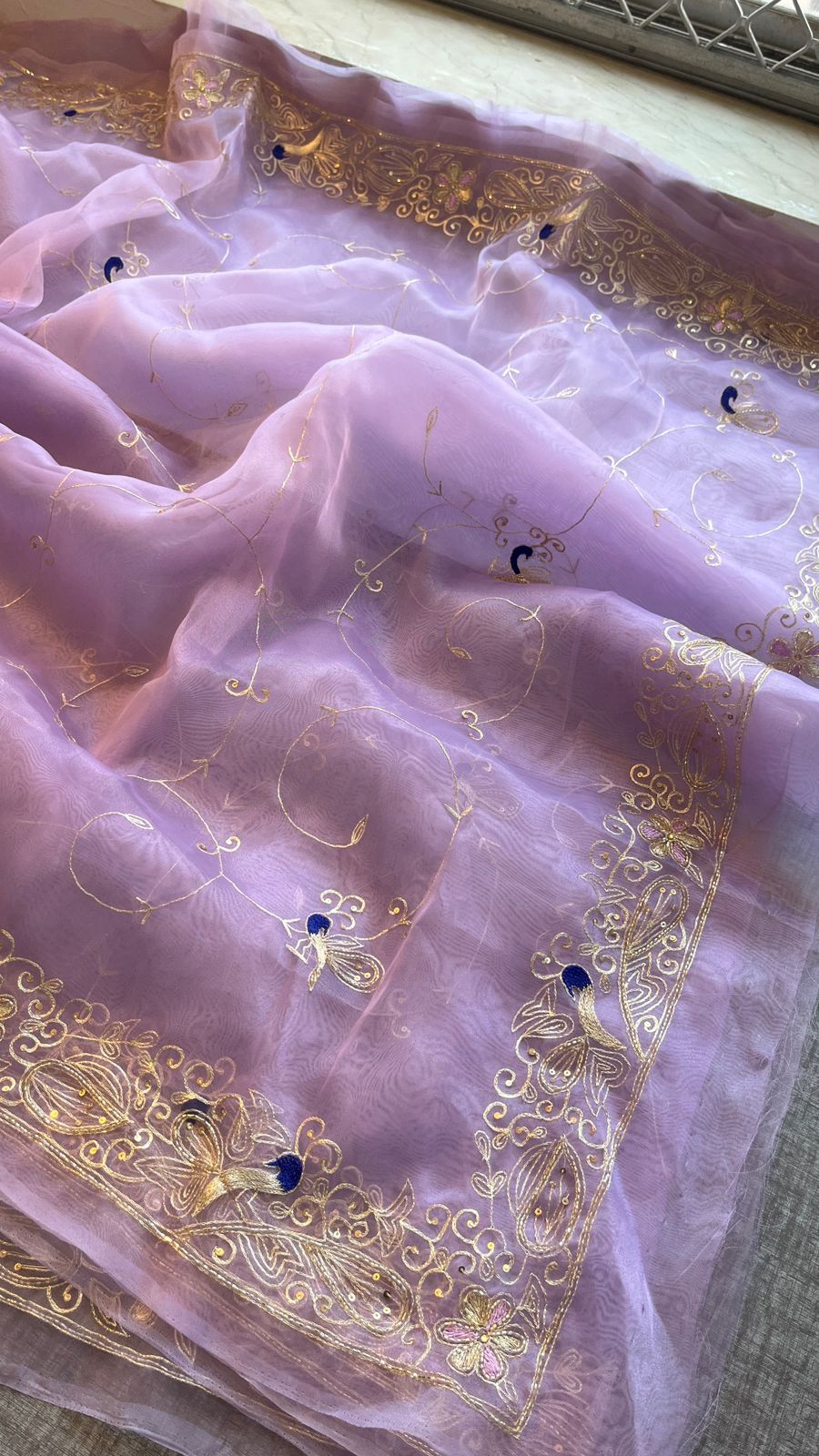 Peacock Resham Embroidery On Tissue Organza Silk · 40 Artisan Hours of work · The Noor Edit