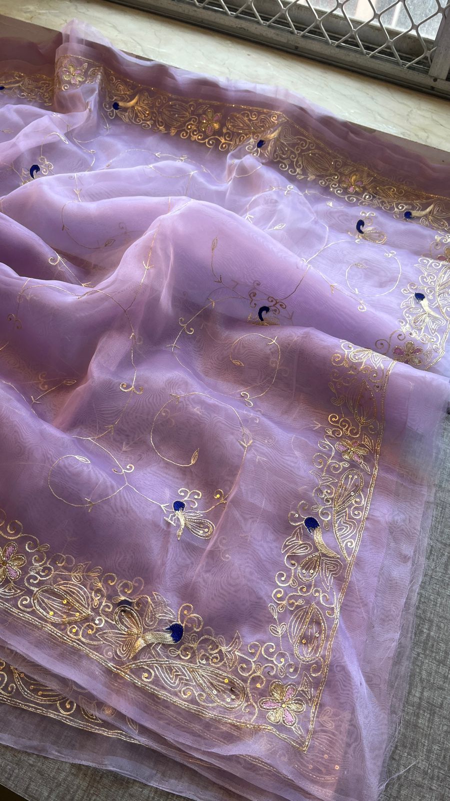 Peacock Resham Embroidery On Tissue Organza Silk · 40 Artisan Hours of work · The Noor Edit