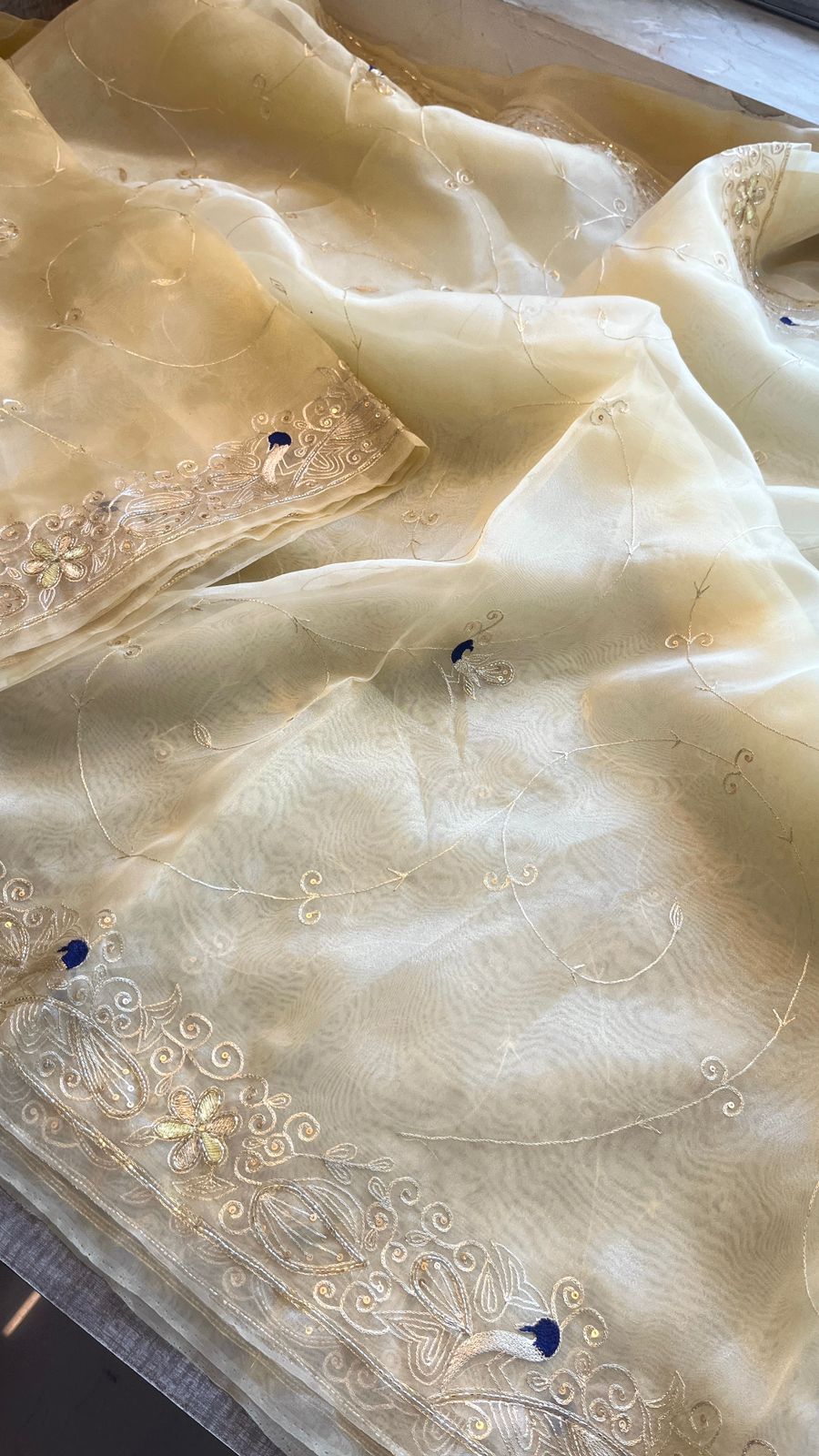Peacock Resham Embroidery On Tissue Organza Silk · 40 Artisan Hours of work · The Noor Edit