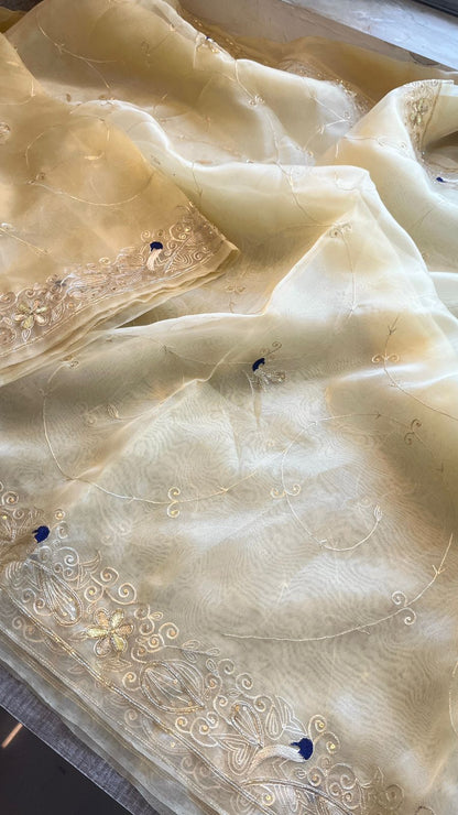 Peacock Resham Embroidery On Tissue Organza Silk · 40 Artisan Hours of work · The Noor Edit