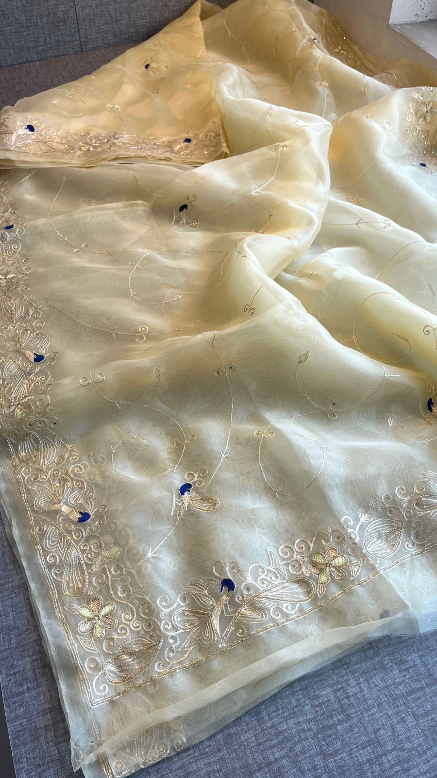Peacock Resham Embroidery On Tissue Organza Silk · 40 Artisan Hours of work · The Noor Edit