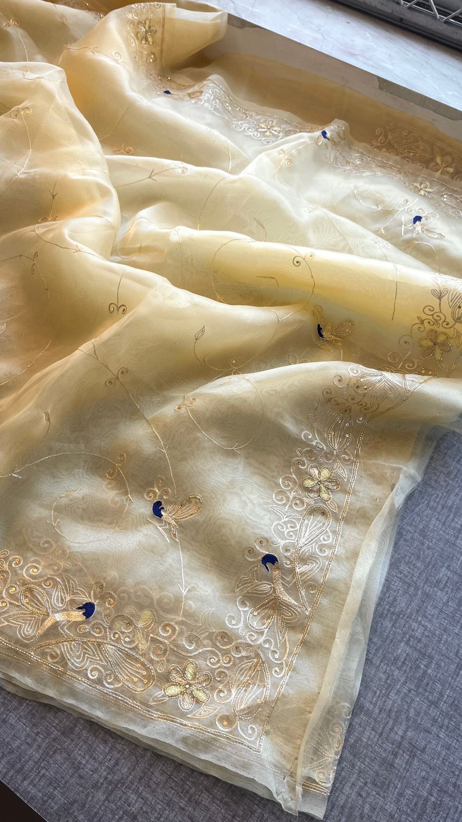 Premium Tissue Organza Saree With Peacock Embroidery And Elegant Floral Border Design