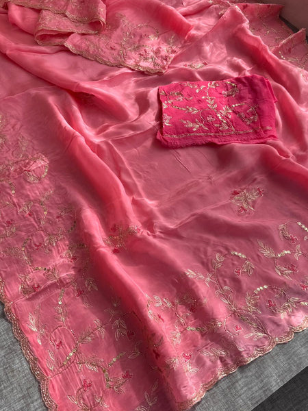 Soft Tissue Organza Saree With Delicate Floral Embroidery And Elegant Scallop Border