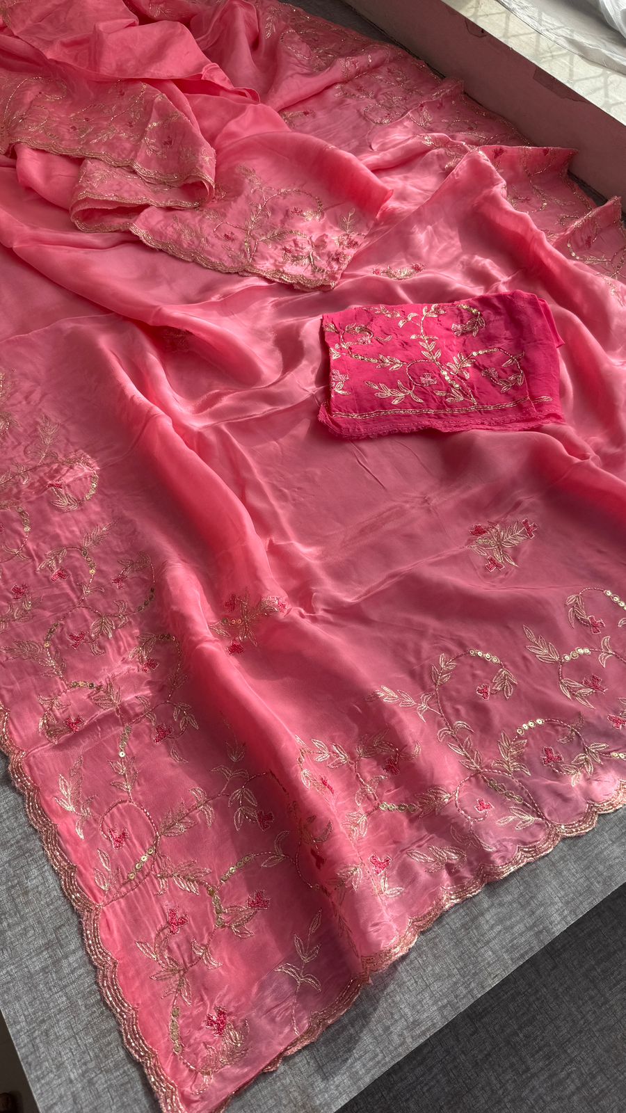 Floral Resham Embroidery On Soft Tissue Organza Silk · 32 Artisan Hours of work · The Noor Edit