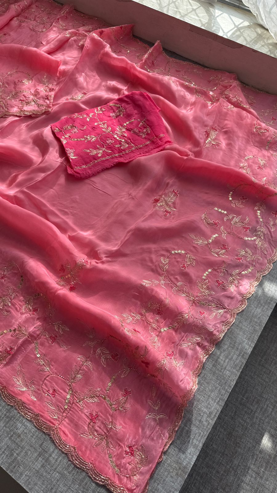 Floral Resham Embroidery On Soft Tissue Organza Silk · 32 Artisan Hours of work · The Noor Edit