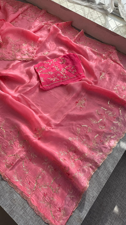 Floral Resham Embroidery On Soft Tissue Organza Silk · 32 Artisan Hours of work · The Noor Edit