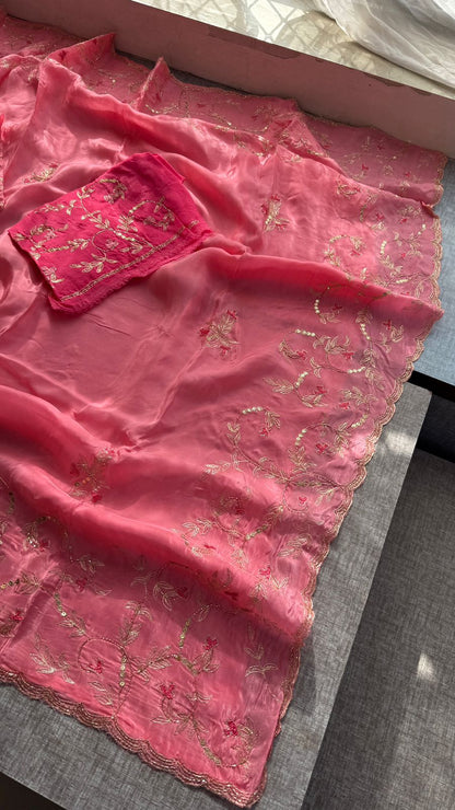 Floral Resham Embroidery On Soft Tissue Organza Silk · 32 Artisan Hours of work · The Noor Edit