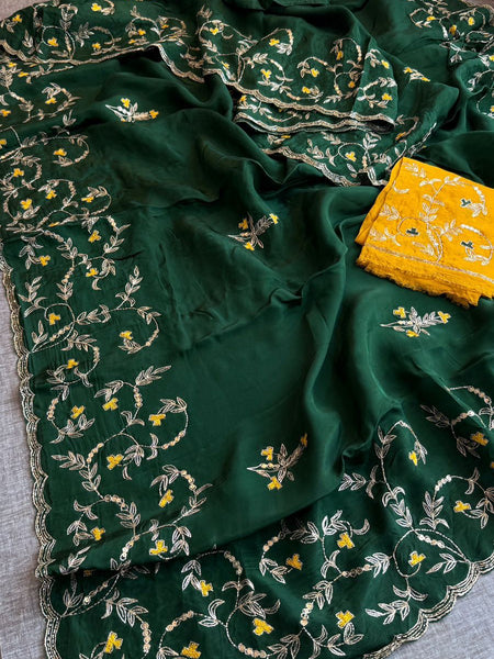 Soft Tissue Organza Saree With Delicate Floral Embroidery And Elegant Scallop Border