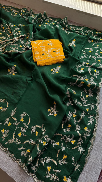 Floral Resham Embroidery On Soft Tissue Organza Silk · 32 Artisan Hours of work · The Noor Edit