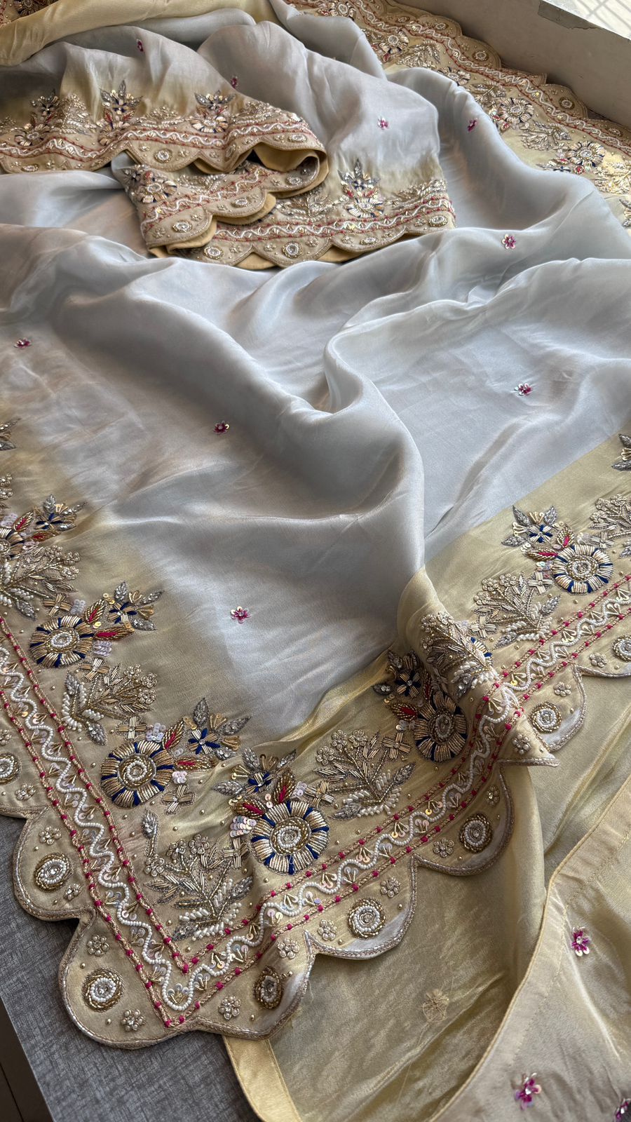 Zardozi Scalloped Border On Cosmo Munga Silk Banarasi · 56 Artisan Hours of work · The Sunehri Edit