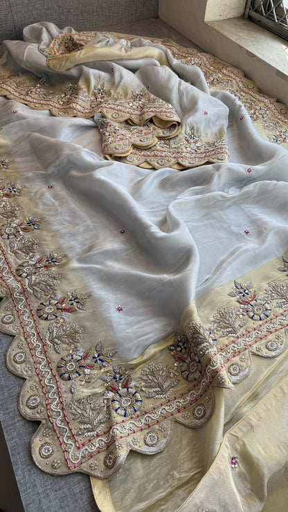 Zardozi Scalloped Border On Cosmo Munga Silk Banarasi · 56 Artisan Hours of work · The Sunehri Edit