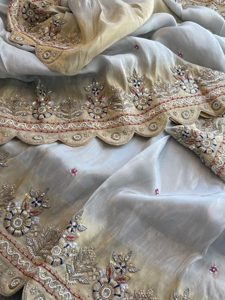 Ivory Cosmo Munga Banarasi Saree With Scalloped Zardozi Border And Fine Hand Embroidery