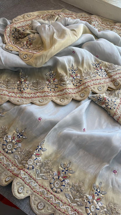 Zardozi Scalloped Border On Cosmo Munga Silk Banarasi · 56 Artisan Hours of work · The Sunehri Edit