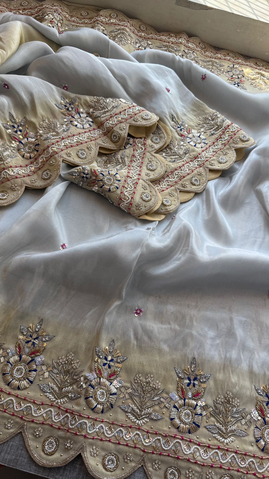 Zardozi Scalloped Border On Cosmo Munga Silk Banarasi · 56 Artisan Hours of work · The Sunehri Edit