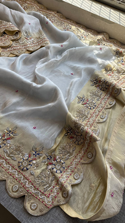 Zardozi Scalloped Border On Cosmo Munga Silk Banarasi · 56 Artisan Hours of work · The Sunehri Edit