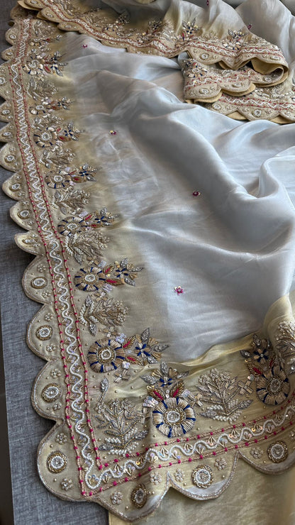 Zardozi Scalloped Border On Cosmo Munga Silk Banarasi · 56 Artisan Hours of work · The Sunehri Edit