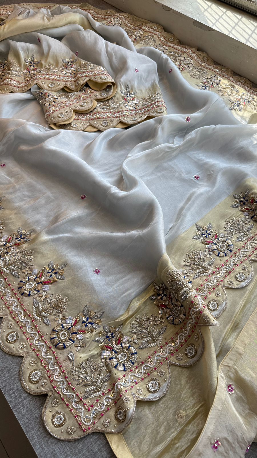 Zardozi Scalloped Border On Cosmo Munga Silk Banarasi · 56 Artisan Hours of work · The Sunehri Edit
