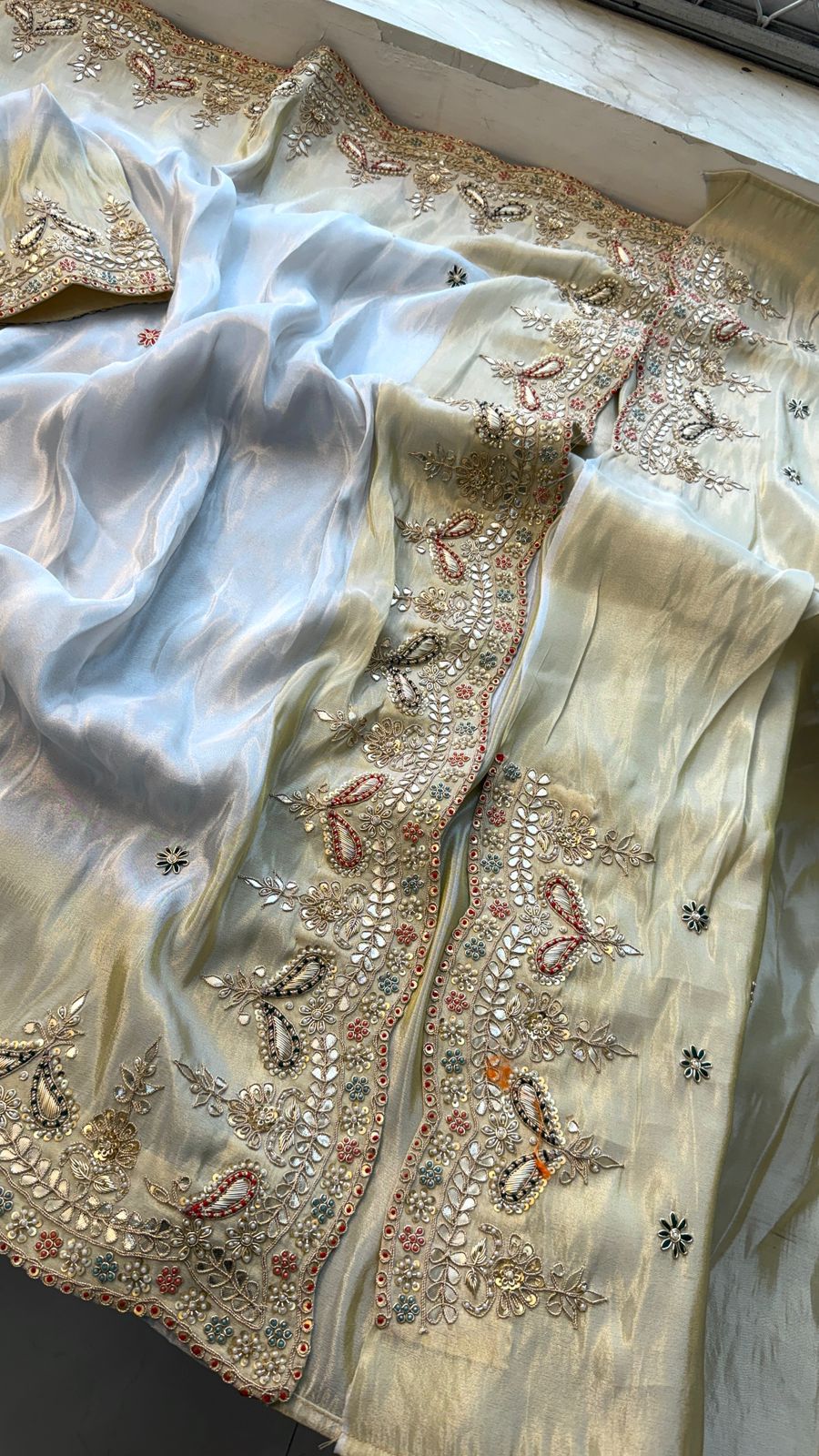 Zardozi Regal Border On Cosmo Munga Silk Banarasi · 60 Artisan Hours of work · The Mehfil Edit