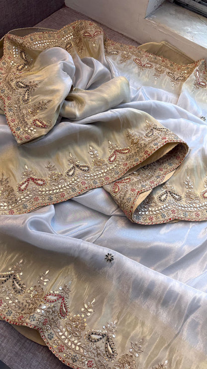 Zardozi Regal Border On Cosmo Munga Silk Banarasi · 60 Artisan Hours of work · The Mehfil Edit