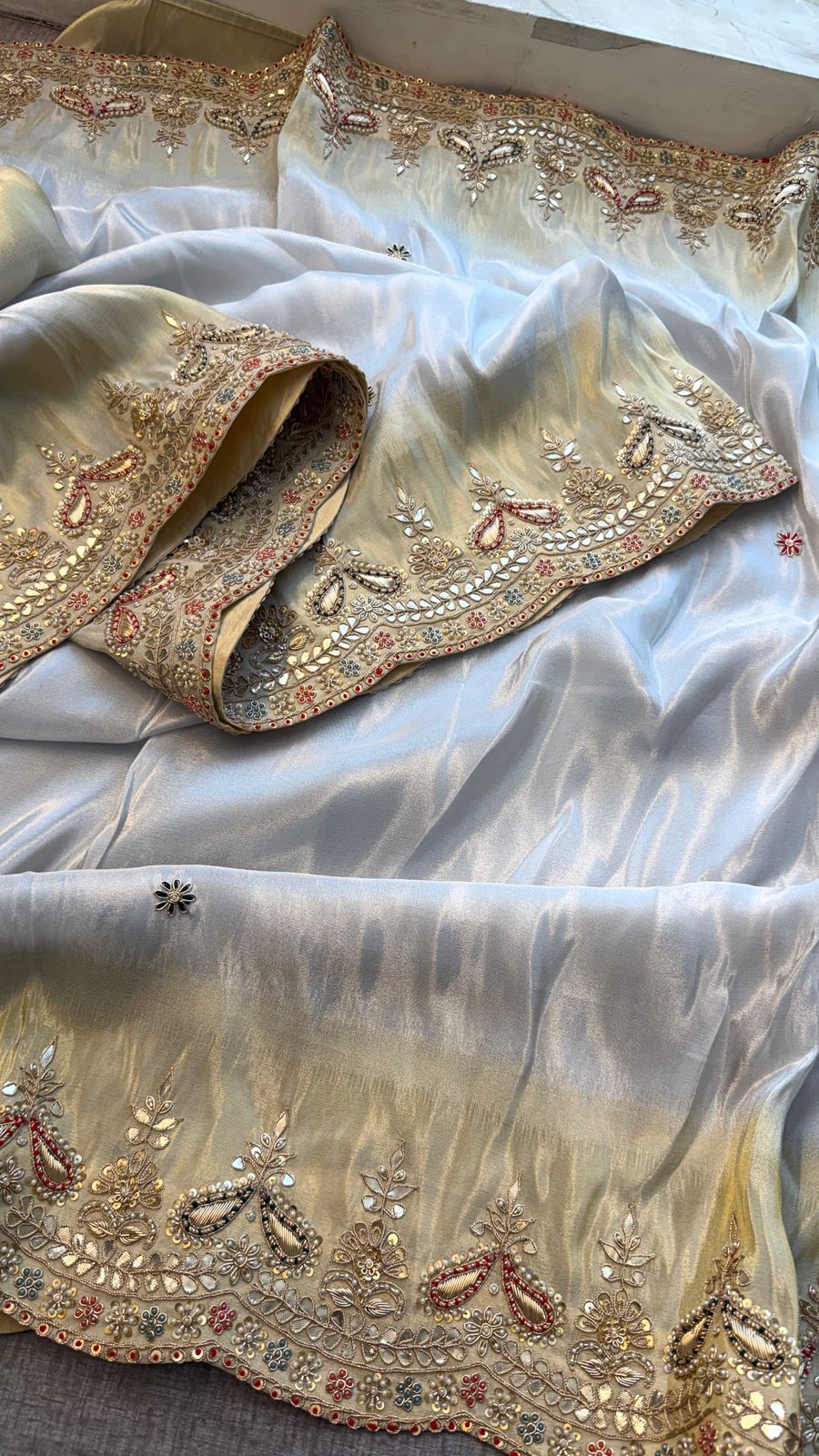 Zardozi Regal Border On Cosmo Munga Silk Banarasi · 60 Artisan Hours of work · The Mehfil Edit