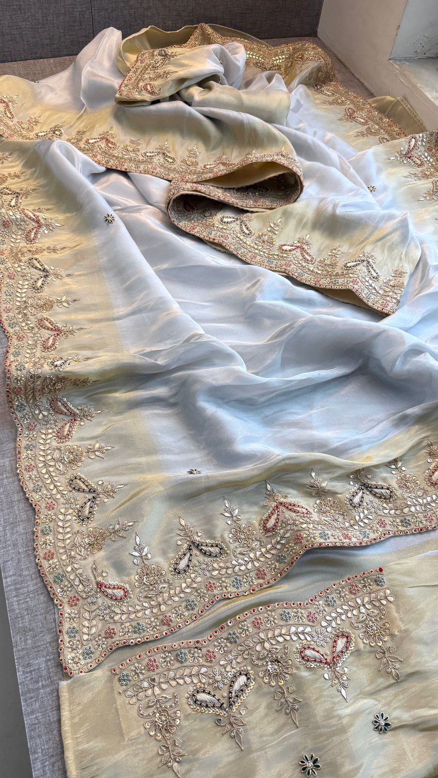 Zardozi Regal Border On Cosmo Munga Silk Banarasi · 60 Artisan Hours of work · The Mehfil Edit