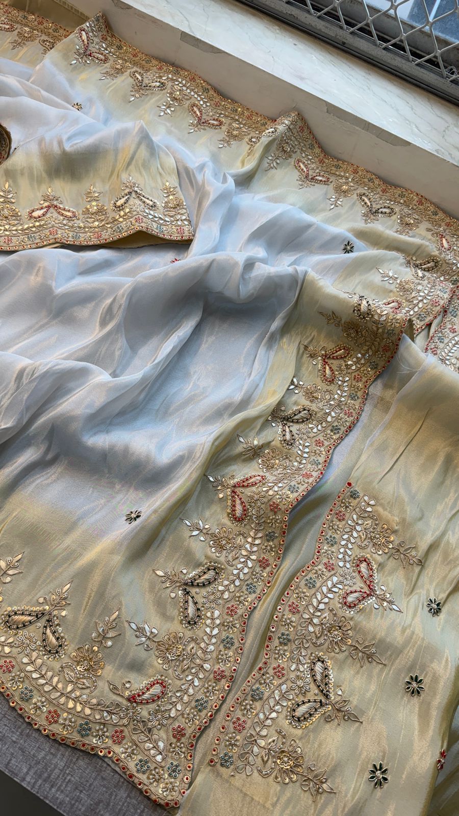 Zardozi Regal Border On Cosmo Munga Silk Banarasi · 60 Artisan Hours of work · The Mehfil Edit