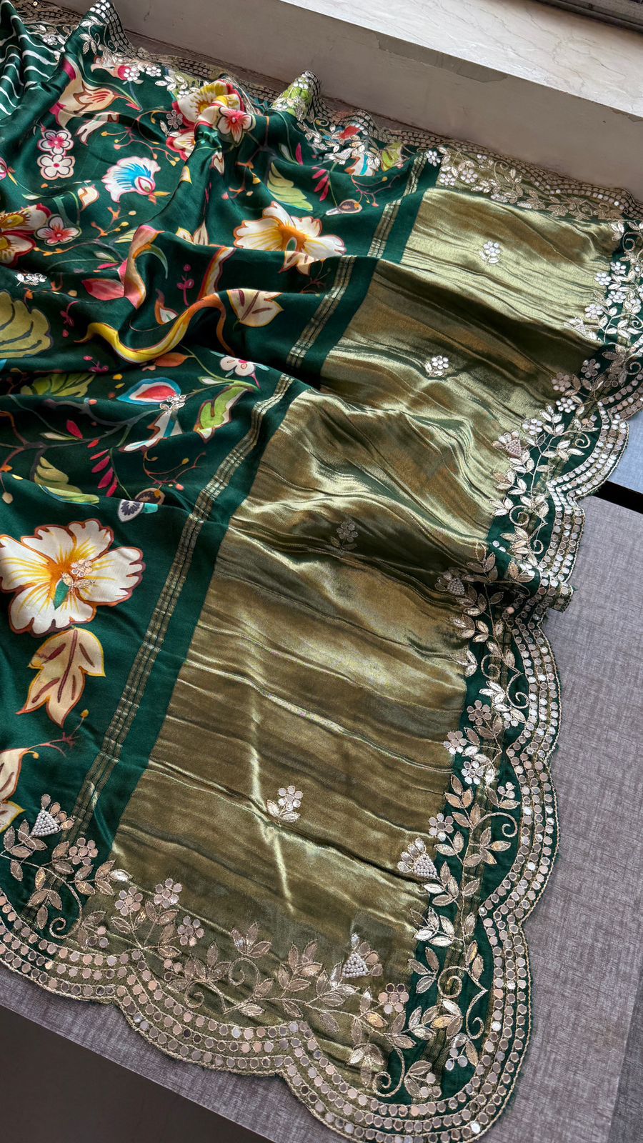 Floral Gotta Patti On Gajji Silk Digital Print · 28 Artisan Hours of work · The Nazakat Edit