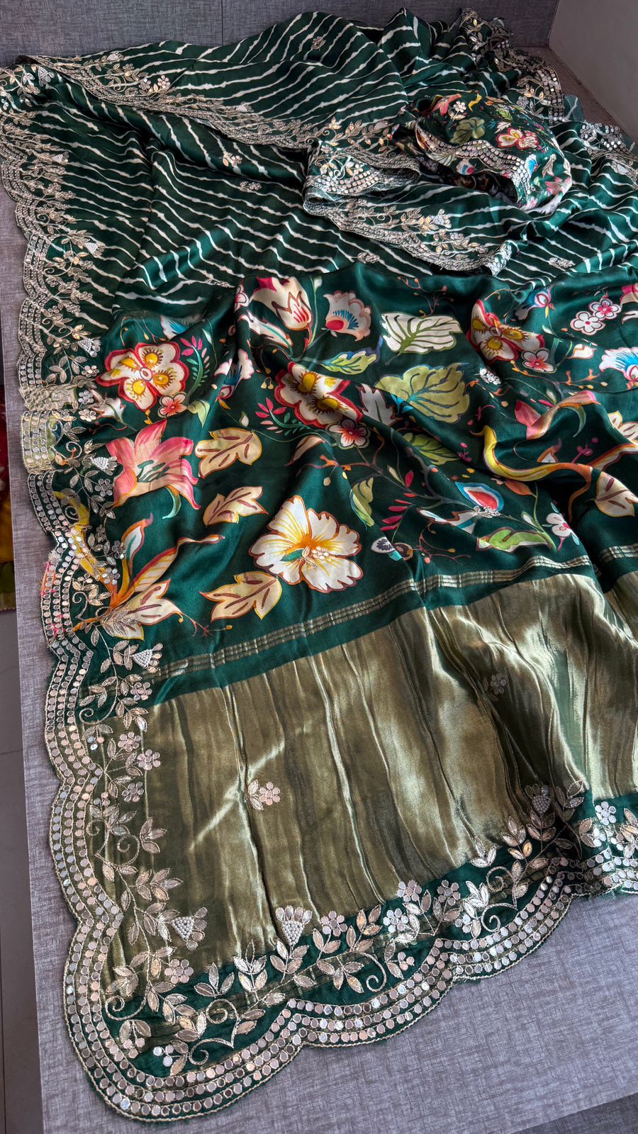 Floral Gotta Patti On Gajji Silk Digital Print · 28 Artisan Hours of work · The Nazakat Edit