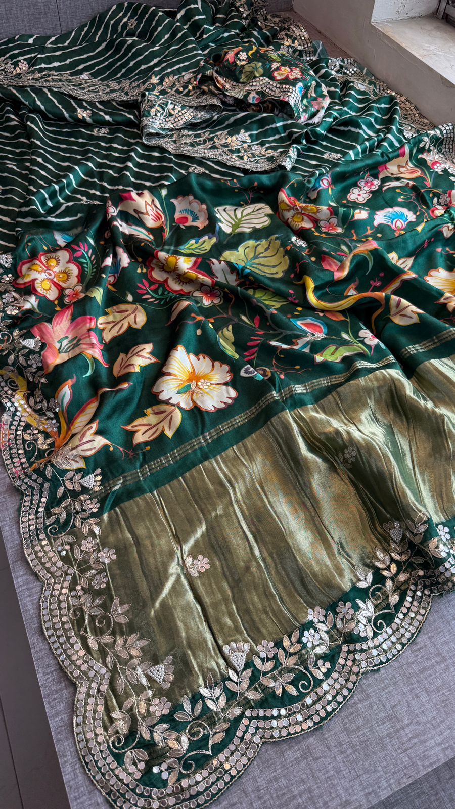 Floral Gotta Patti On Gajji Silk Digital Print · 28 Artisan Hours of work · The Nazakat Edit