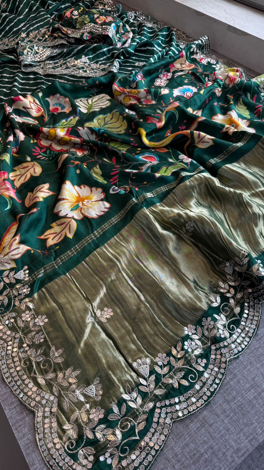 Floral Gotta Patti On Gajji Silk Digital Print · 28 Artisan Hours of work · The Nazakat Edit