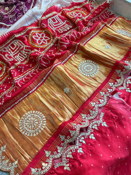 Pure Gajji Silk Saree With Lakdi Patta Digital Print And Traditional Elephant Border Work