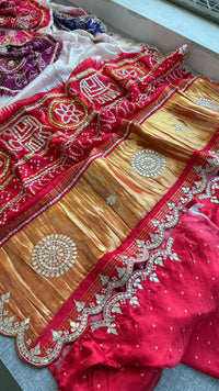 Pure Gajji Silk Saree With Lakdi Patta Digital Print And Traditional Elephant Border Work