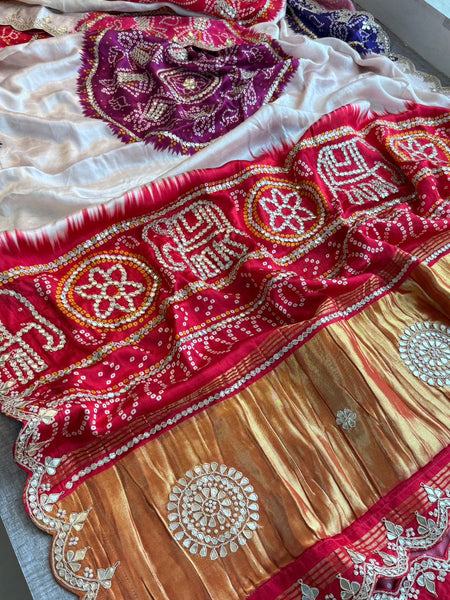 Pure Gajji Silk Saree With Lakdi Patta Digital Print And Traditional Elephant Border Work