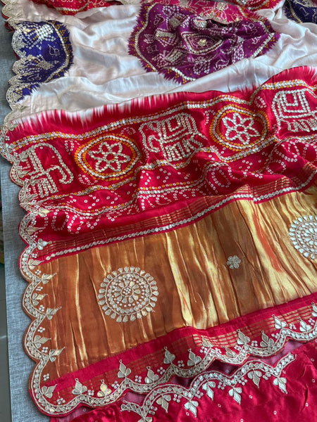 Pure Gajji Silk Saree With Lakdi Patta Digital Print And Traditional Elephant Border Work