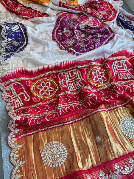 Pure Gajji Silk Saree With Lakdi Patta Digital Print And Traditional Elephant Border Work