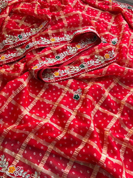 Pure Chinon Bandhej Print Saree With Banarasi Weaving And Zardozi Handwork Border