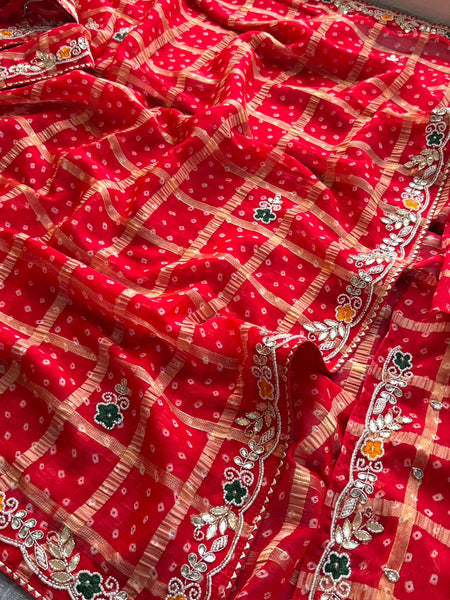 Pure Chinon Bandhej Print Saree With Banarasi Weaving And Zardozi Handwork Border