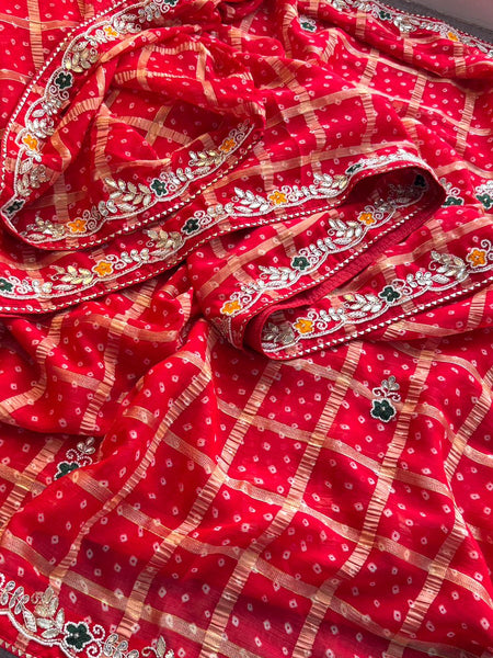 Pure Chinon Bandhej Print Saree With Banarasi Weaving And Zardozi Handwork Border