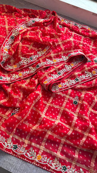 Pure Chinon Bandhej Print Saree With Banarasi Weaving And Zardozi Handwork Border