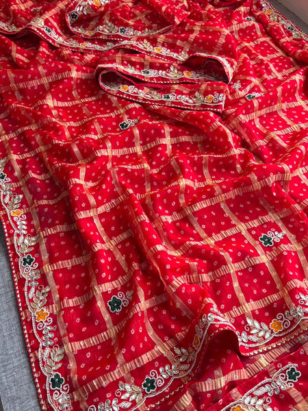 Pure Chinon Bandhej Print Saree With Banarasi Weaving And Zardozi Handwork Border