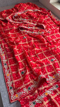 Pure Chinon Bandhej Print Saree With Banarasi Weaving And Zardozi Handwork Border