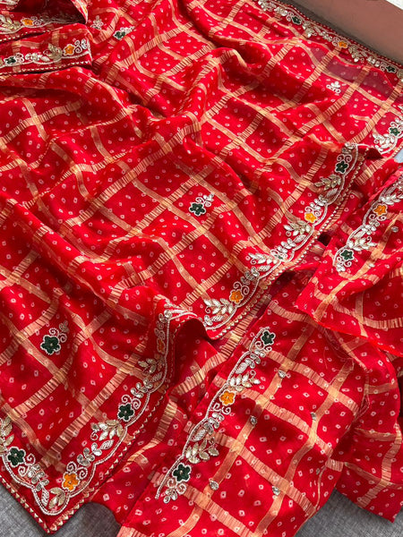 Pure Chinon Bandhej Print Saree With Banarasi Weaving And Zardozi Handwork Border